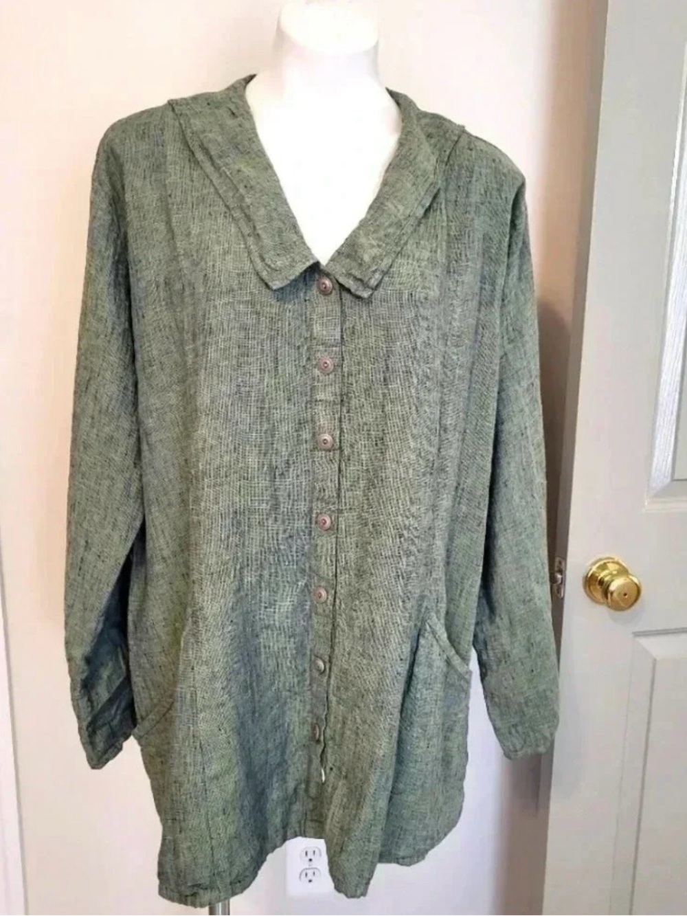 Flax Olive Green Linen Button-Up Jacket 1X